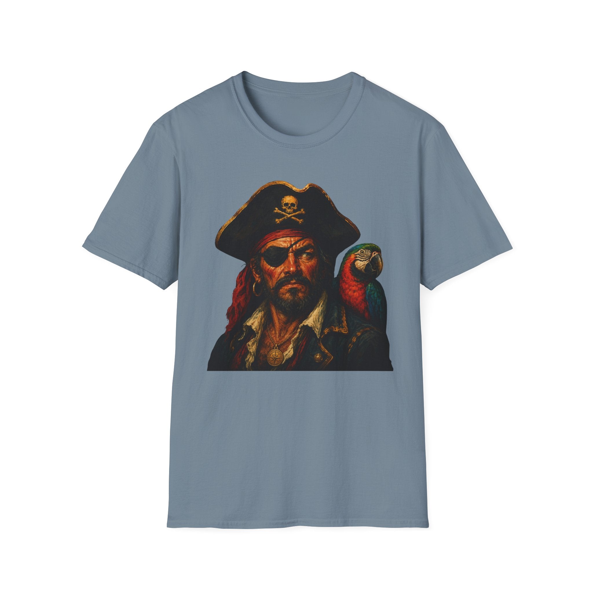 Pirate Captain T-Shirt with Parrot — Vintage Skull & Crossbones Tee