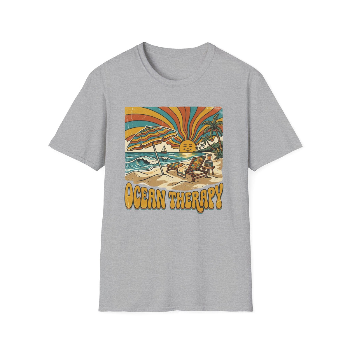 Beach T-Shirt — Retro 'Ocean Therapy' Sunset Surf Graphic