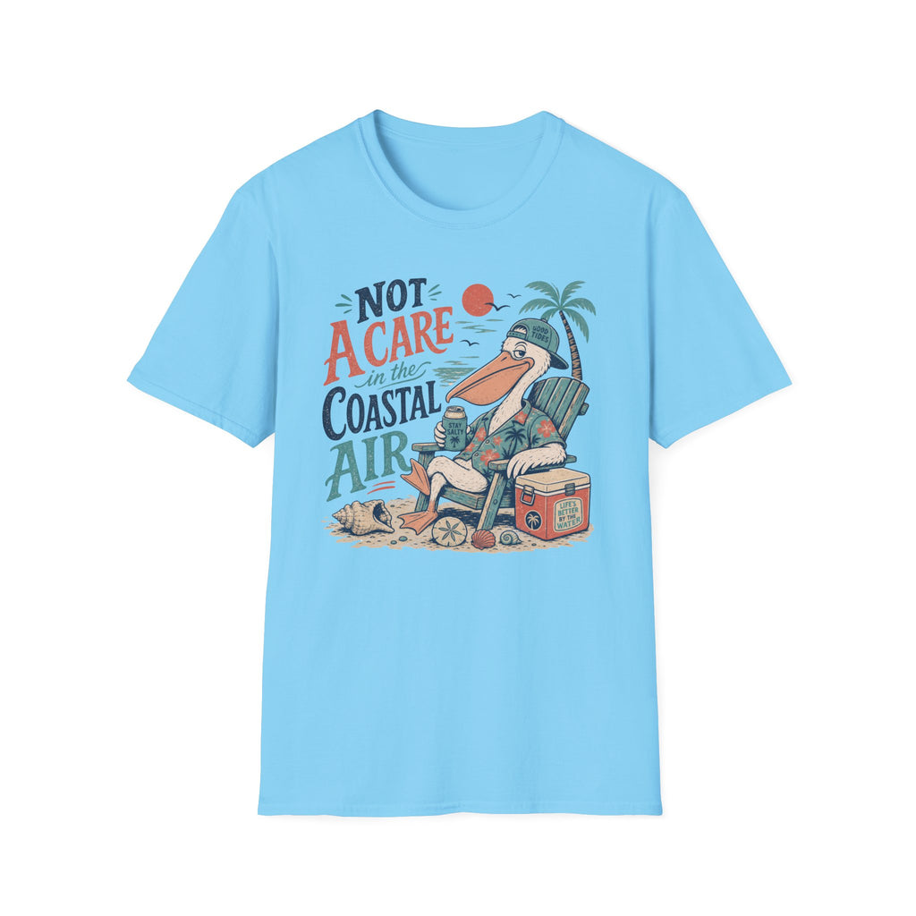 Coastal Vibes T-Shirt — "Not a Care in the Coastal Air" Pelican Beach Tee