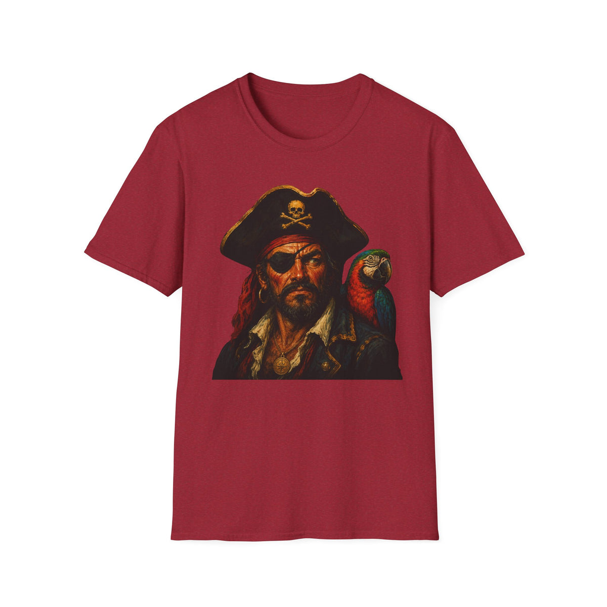 Pirate Captain T-Shirt with Parrot — Vintage Skull & Crossbones Tee