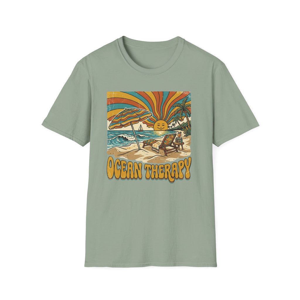 Beach T-Shirt — Retro 'Ocean Therapy' Sunset Surf Graphic