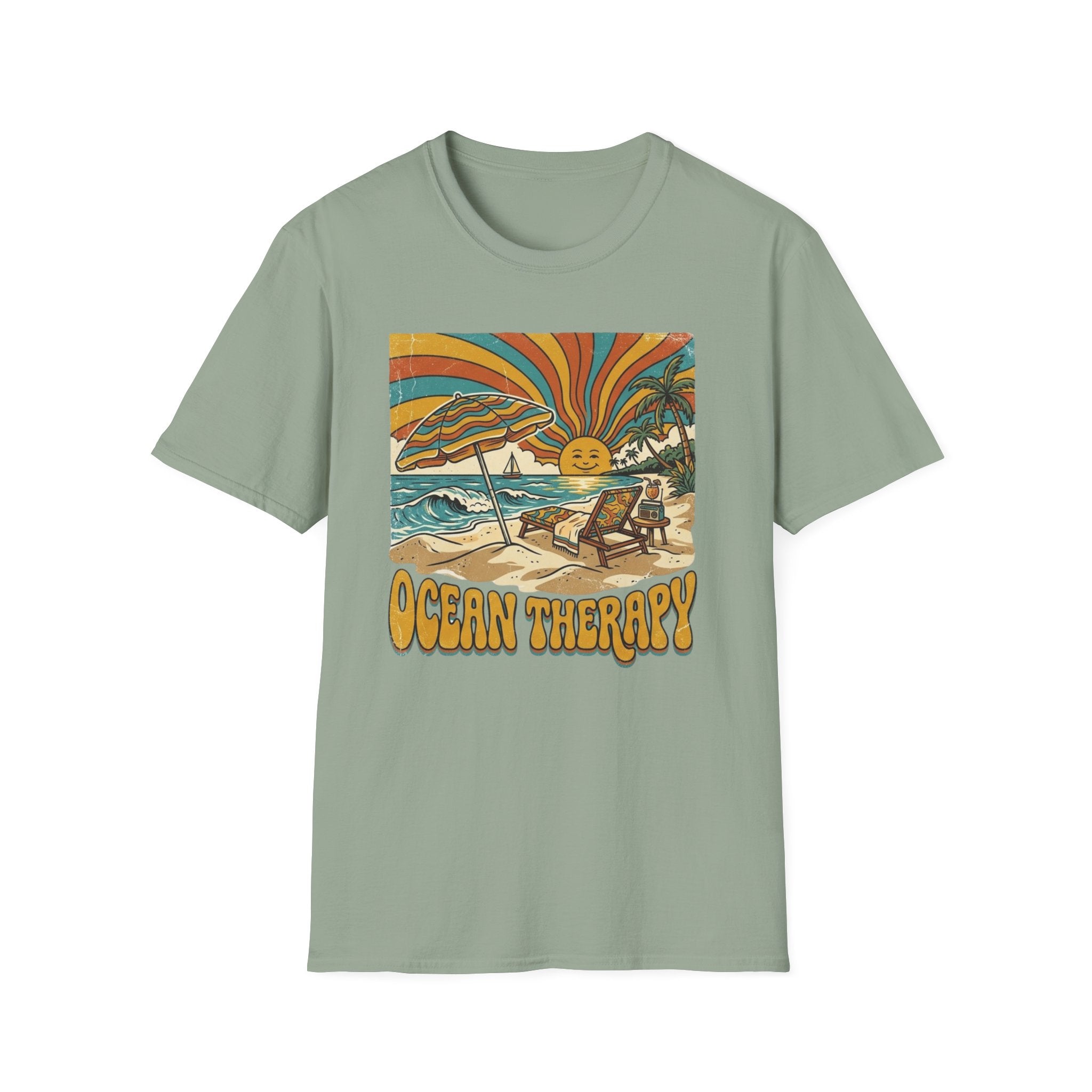 Beach T-Shirt — Retro 'Ocean Therapy' Sunset Surf Graphic