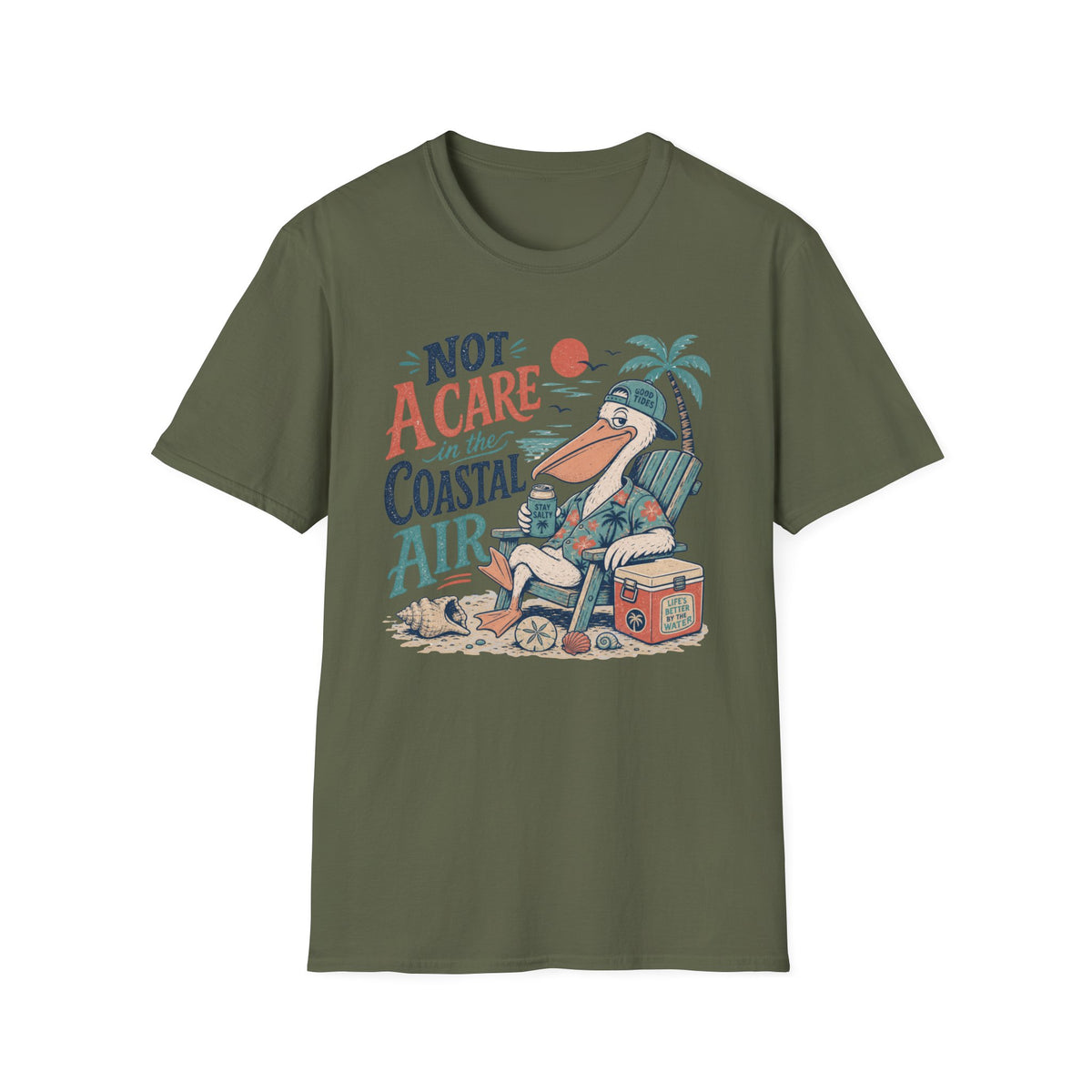 Coastal Vibes T-Shirt — "Not a Care in the Coastal Air" Pelican Beach Tee