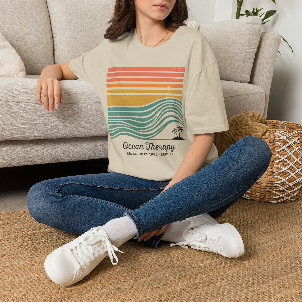 Ocean Therapy Graphic T-Shirt — Retro Sunset Waves Tee
