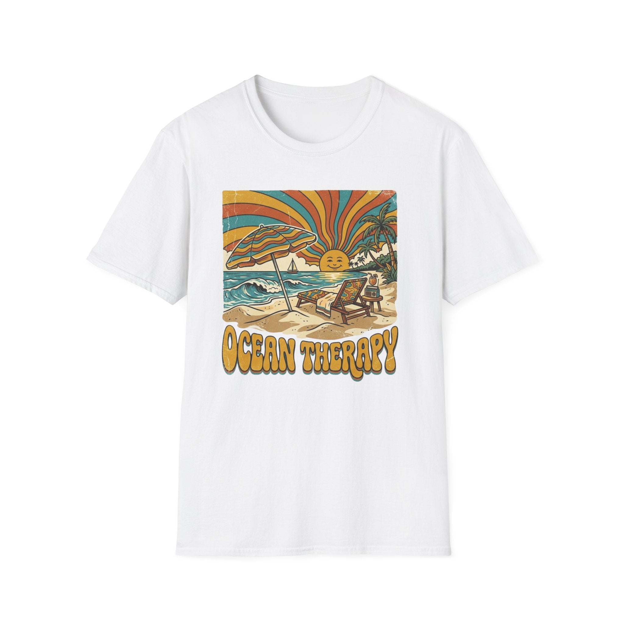 Beach T-Shirt — Retro 'Ocean Therapy' Sunset Surf Graphic