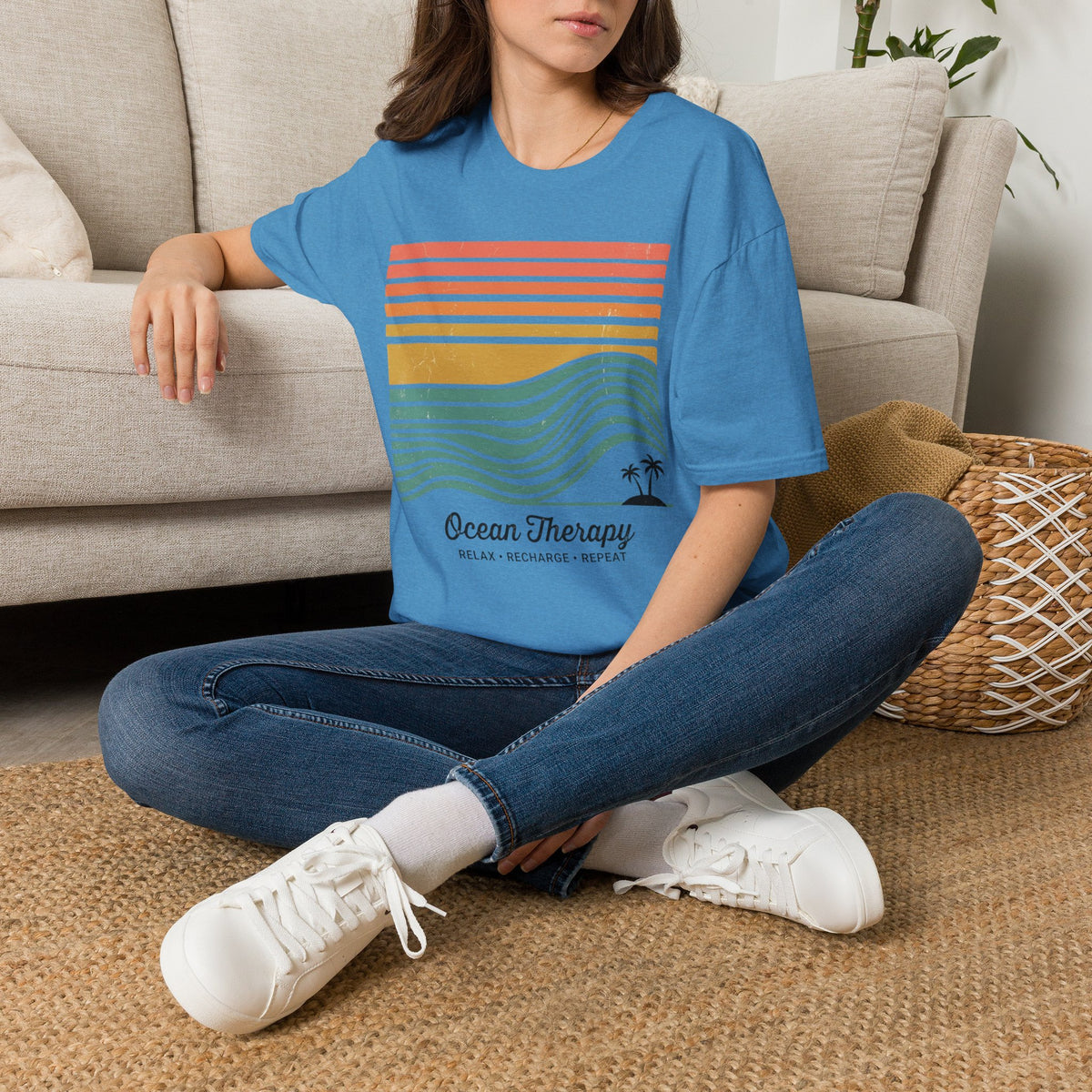 Ocean Therapy Graphic T-Shirt — Retro Sunset Waves Tee