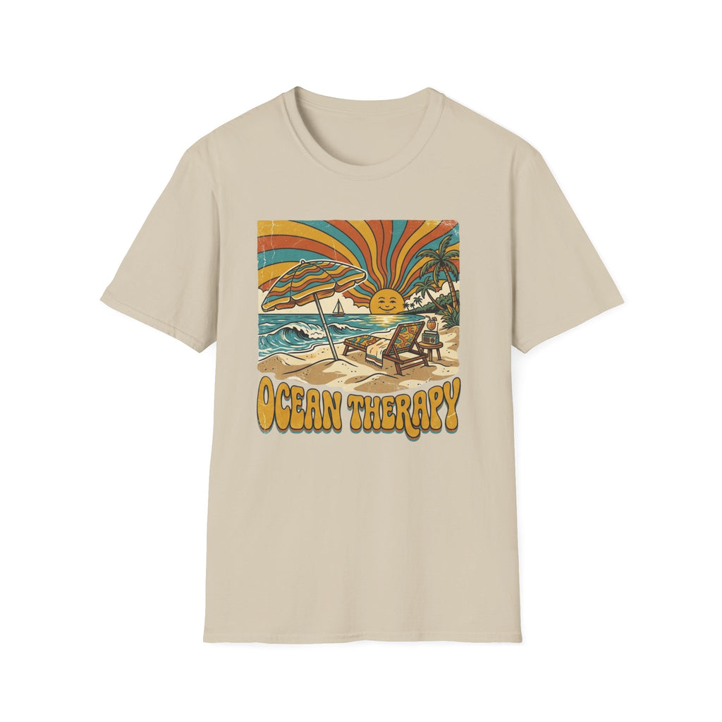 Beach T-Shirt — Retro 'Ocean Therapy' Sunset Surf Graphic