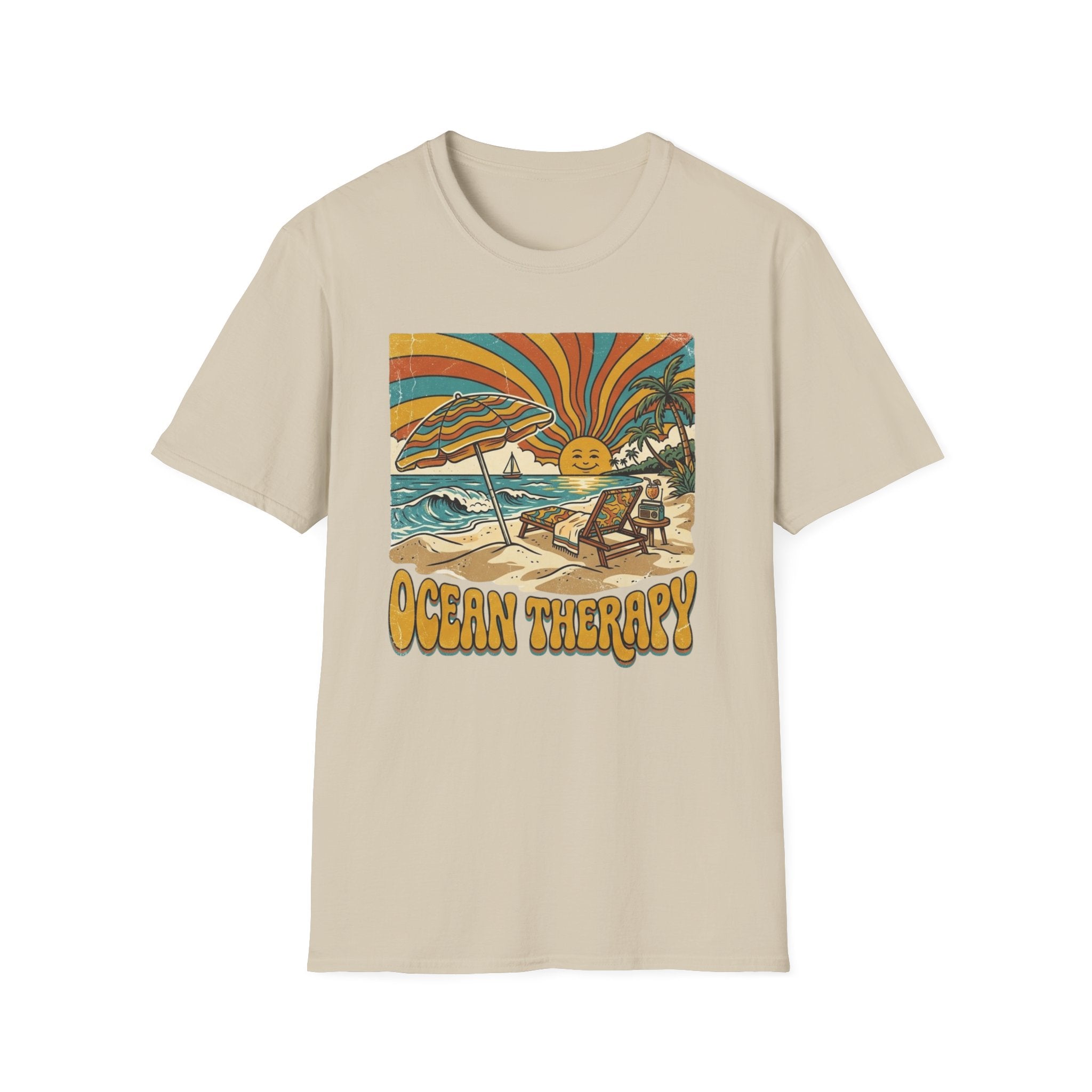 Beach T-Shirt — Retro 'Ocean Therapy' Sunset Surf Graphic