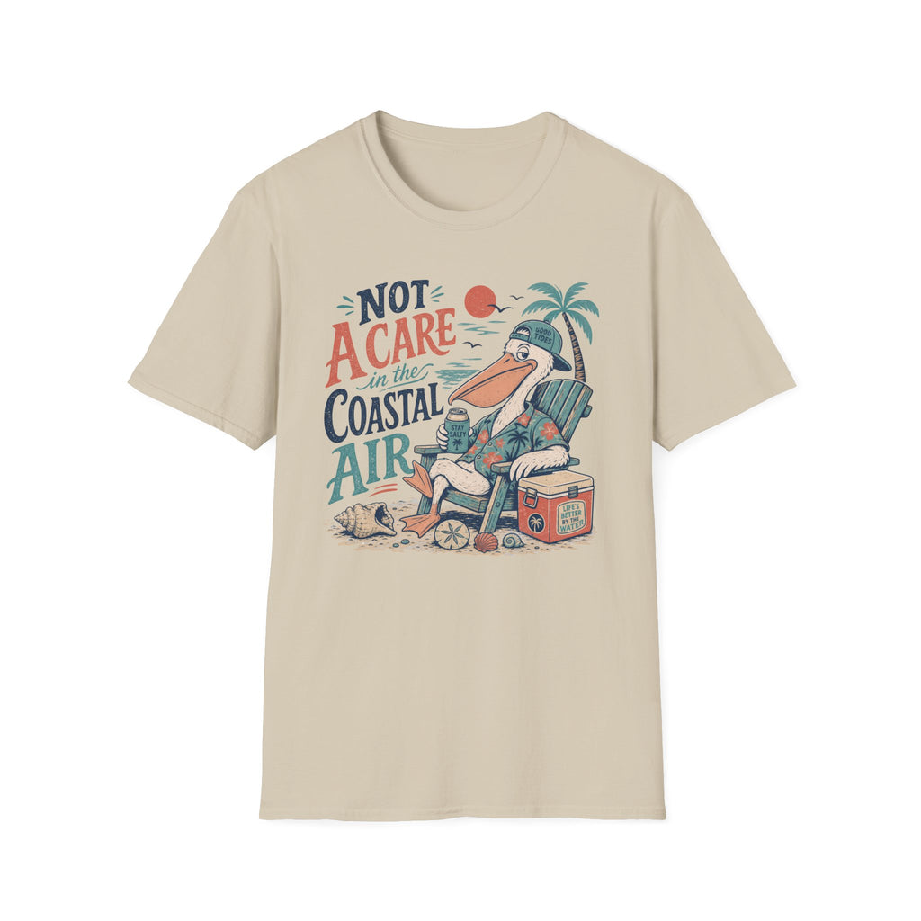 Coastal Vibes T-Shirt — "Not a Care in the Coastal Air" Pelican Beach Tee