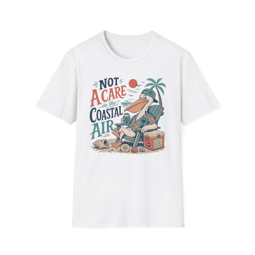 Coastal Vibes T-Shirt — "Not a Care in the Coastal Air" Pelican Beach Tee