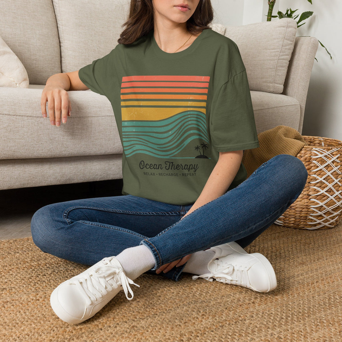 Ocean Therapy Graphic T-Shirt — Retro Sunset Waves Tee