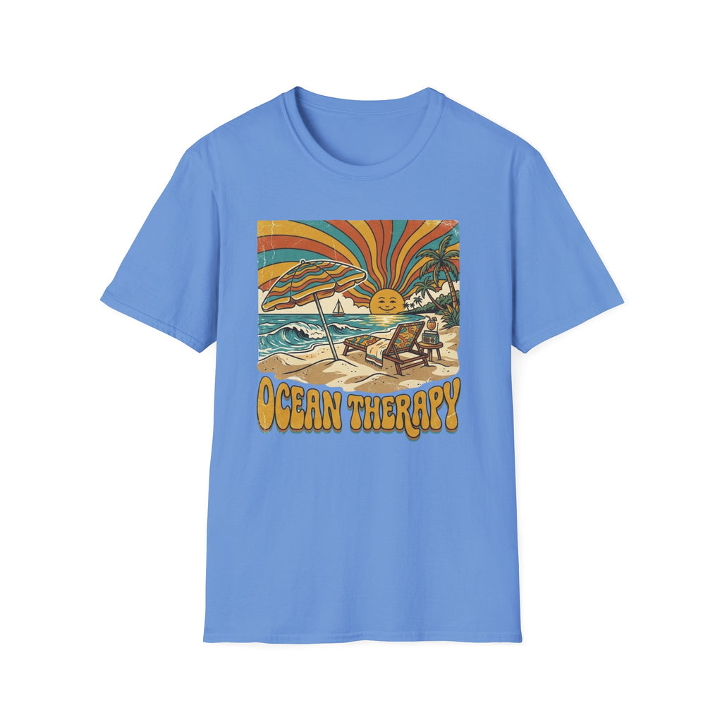 Beach T-Shirt — Retro 'Ocean Therapy' Sunset Surf Graphic