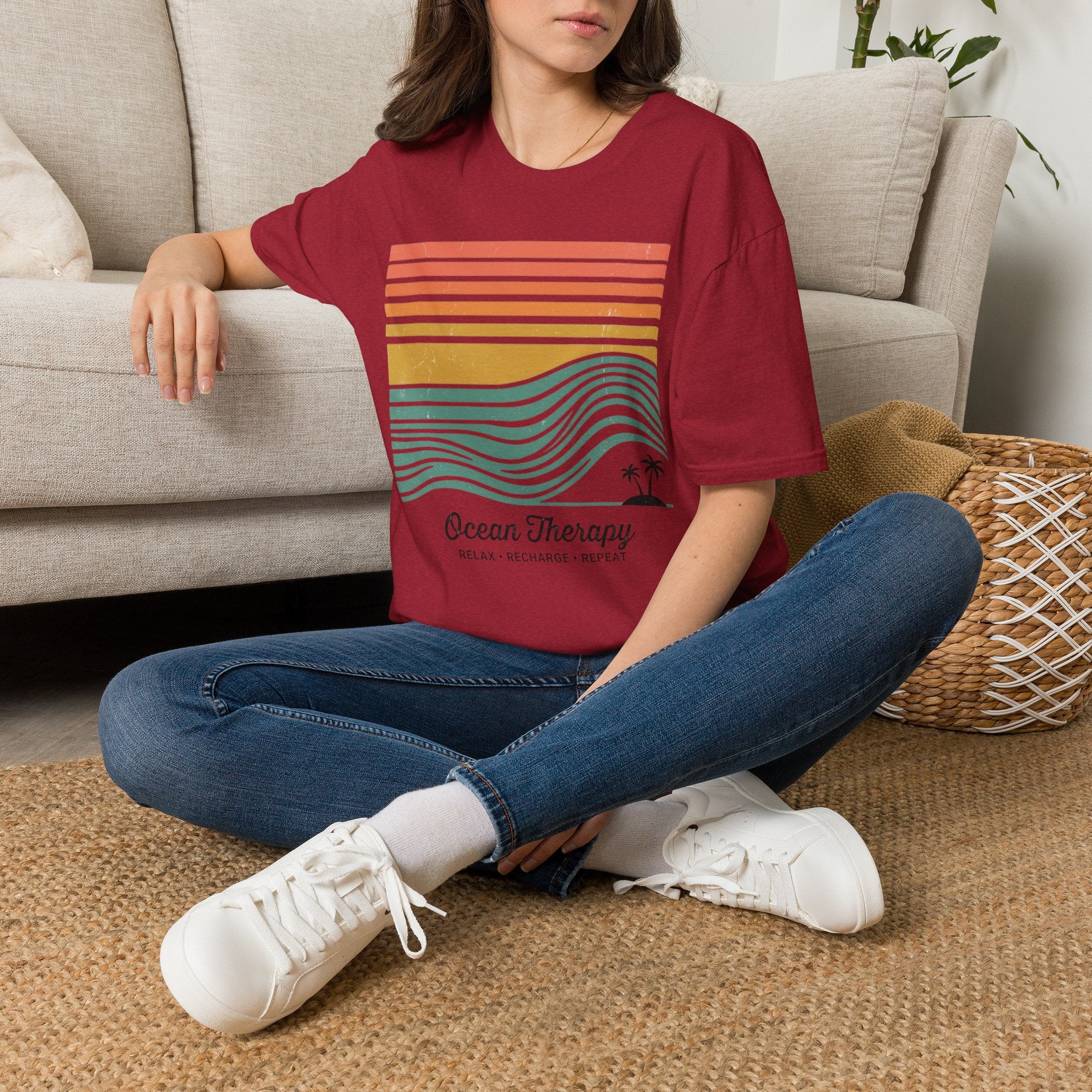 Ocean Therapy Graphic T-Shirt — Retro Sunset Waves Tee