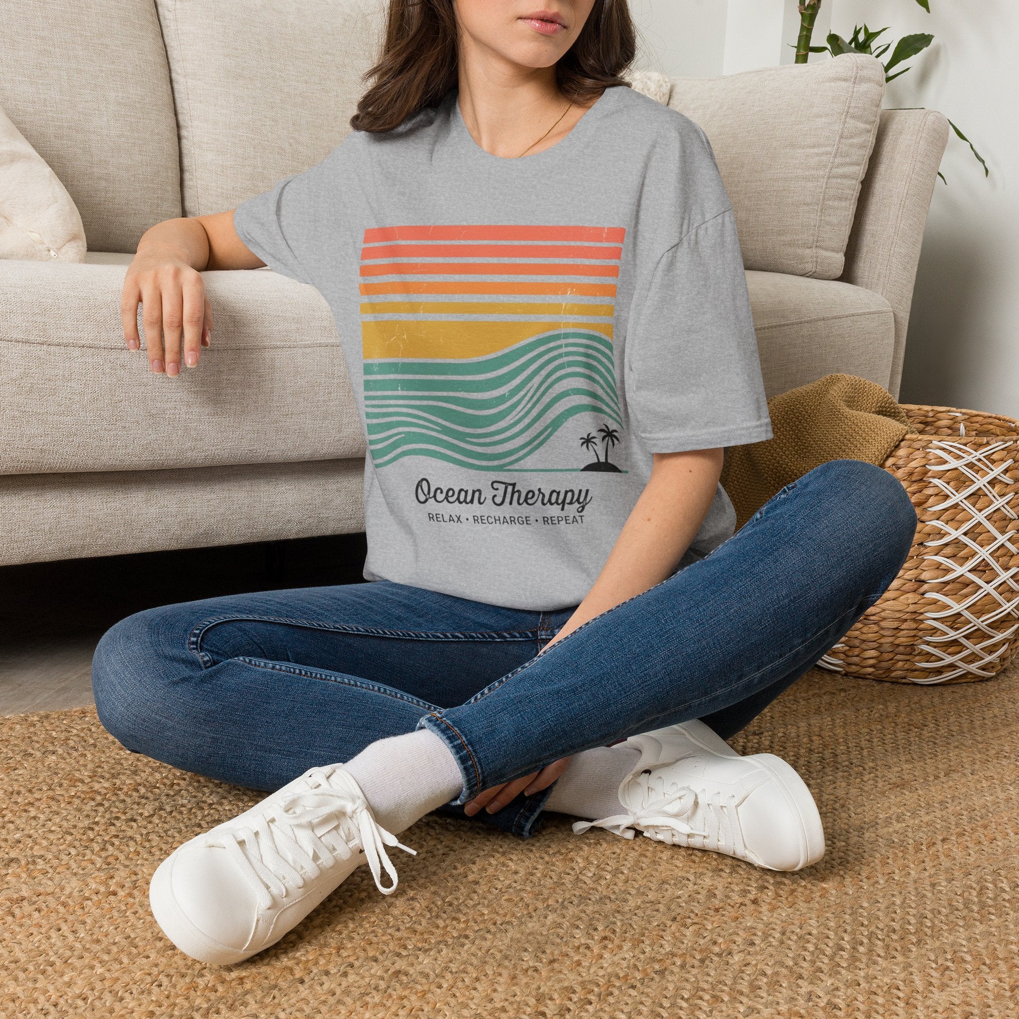 Ocean Therapy Graphic T-Shirt — Retro Sunset Waves Tee