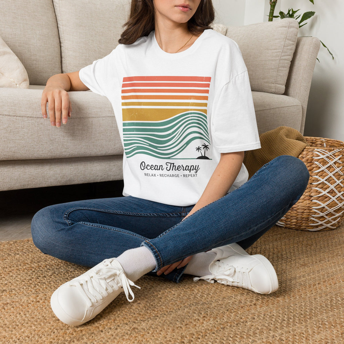 Ocean Therapy Graphic T-Shirt — Retro Sunset Waves Tee