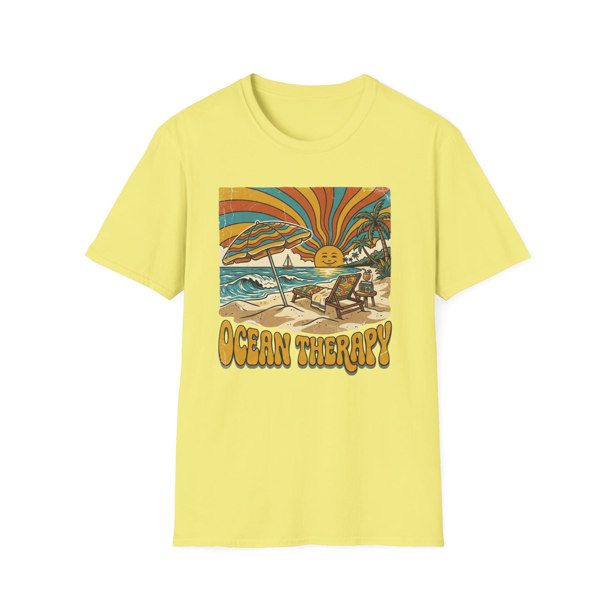 Beach T-Shirt — Retro 'Ocean Therapy' Sunset Surf Graphic