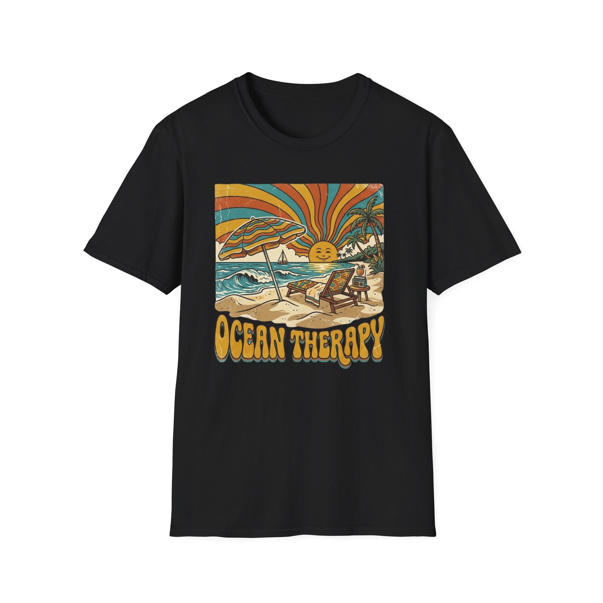 Beach T-Shirt — Retro 'Ocean Therapy' Sunset Surf Graphic