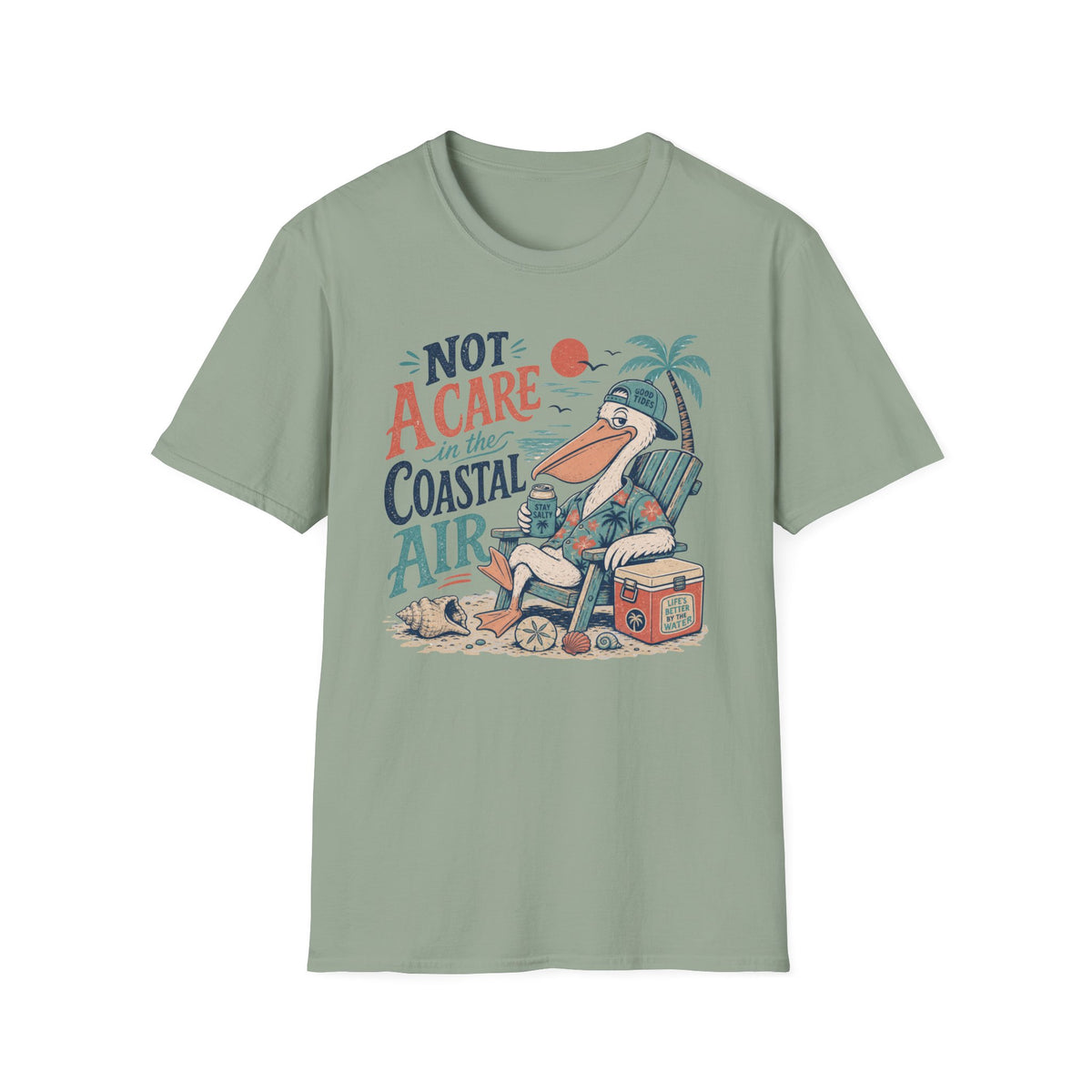 Coastal Vibes T-Shirt — "Not a Care in the Coastal Air" Pelican Beach Tee