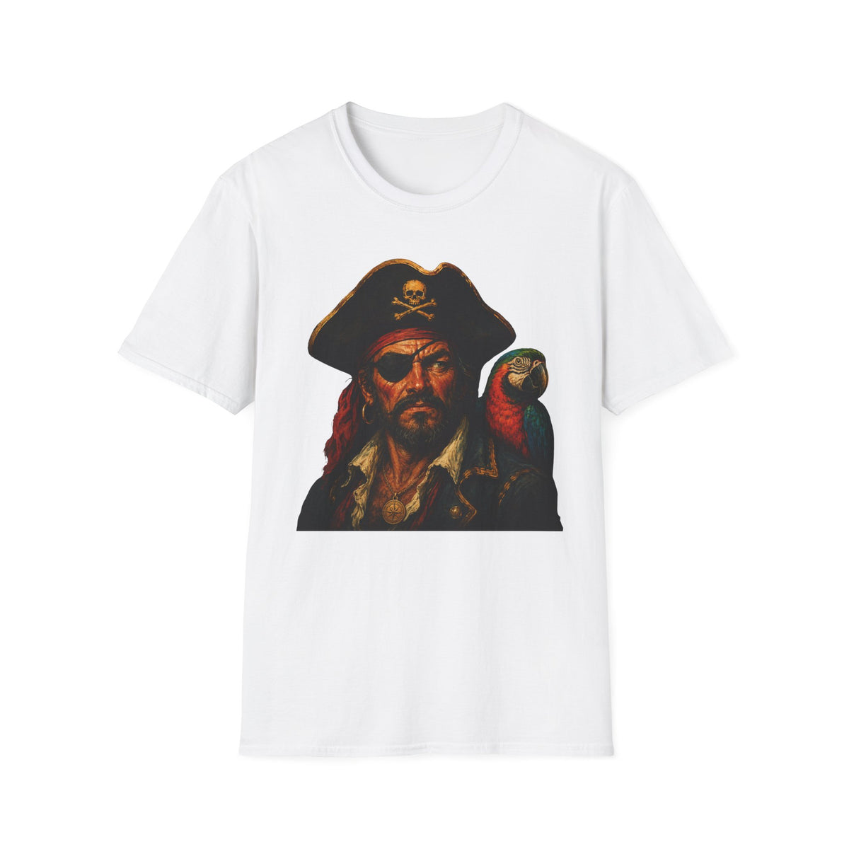 Pirate Captain T-Shirt with Parrot — Vintage Skull & Crossbones Tee