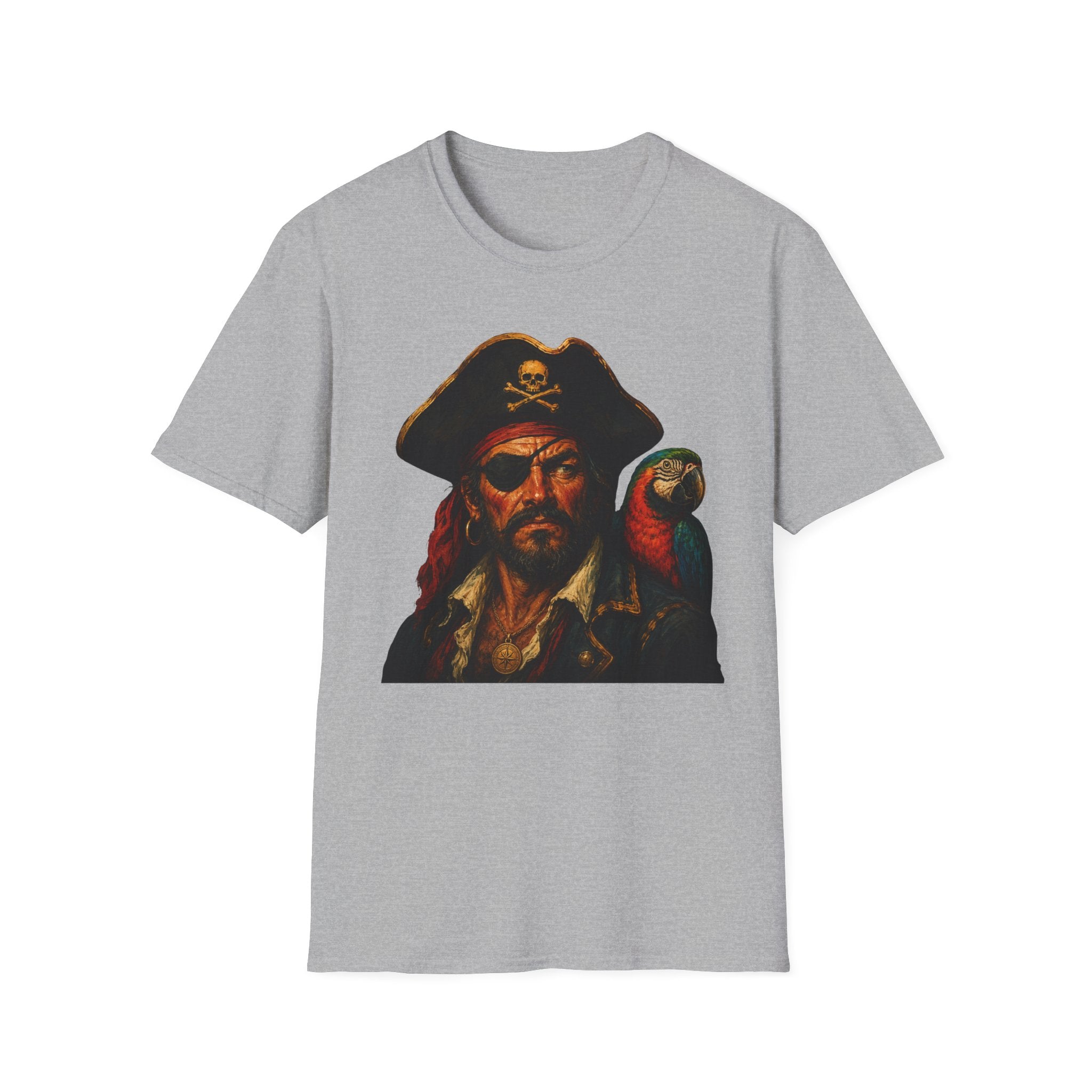 Pirate Captain T-Shirt with Parrot — Vintage Skull & Crossbones Tee