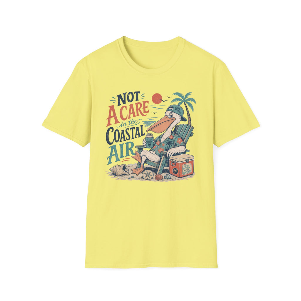 Coastal Vibes T-Shirt — "Not a Care in the Coastal Air" Pelican Beach Tee