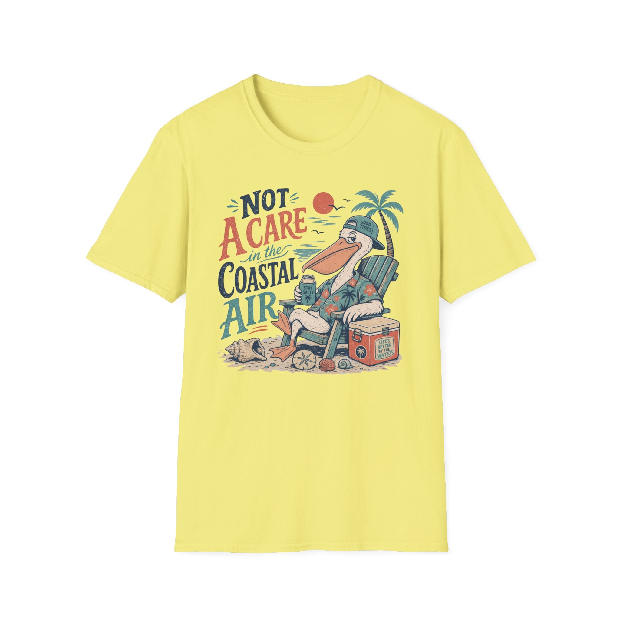 Coastal Vibes T-Shirt — "Not a Care in the Coastal Air" Pelican Beach Tee