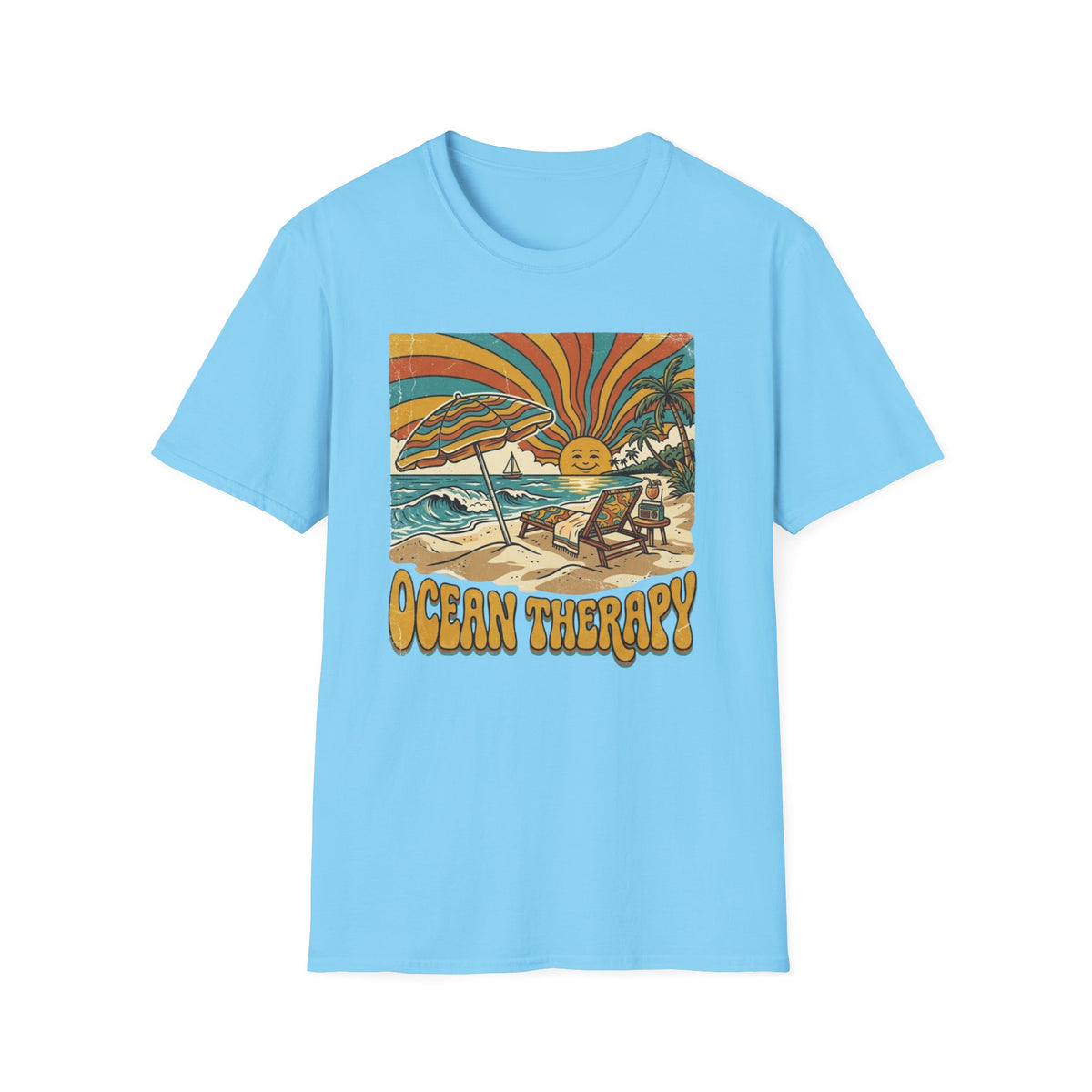 Beach T-Shirt — Retro 'Ocean Therapy' Sunset Surf Graphic