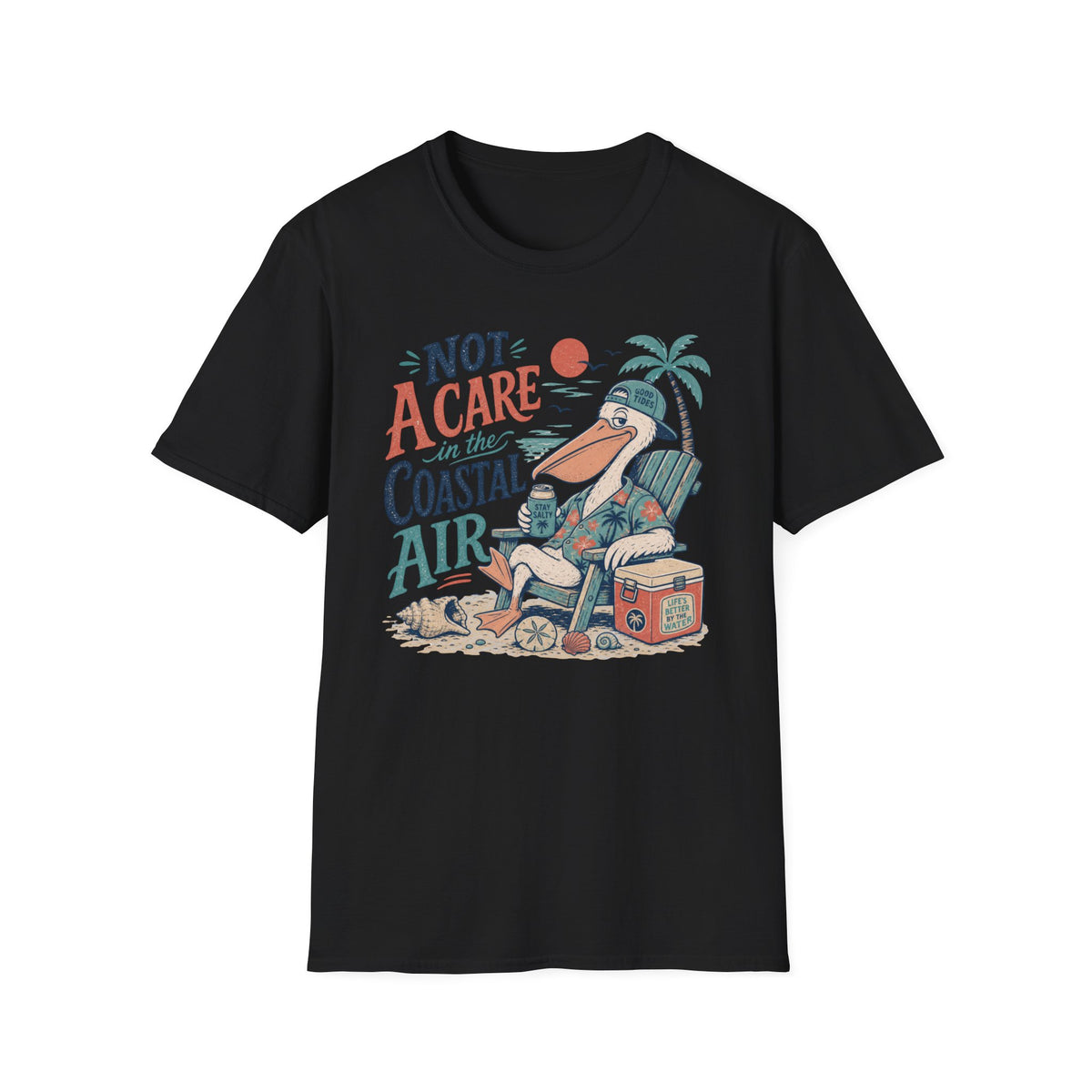 Coastal Vibes T-Shirt — "Not a Care in the Coastal Air" Pelican Beach Tee