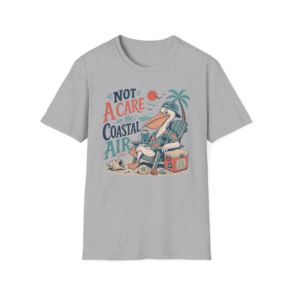 Coastal Vibes T-Shirt — "Not a Care in the Coastal Air" Pelican Beach Tee