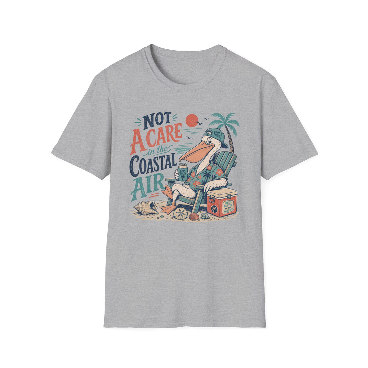 Coastal Vibes T-Shirt — "Not a Care in the Coastal Air" Pelican Beach Tee