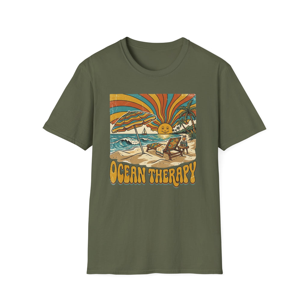 Beach T-Shirt — Retro 'Ocean Therapy' Sunset Surf Graphic