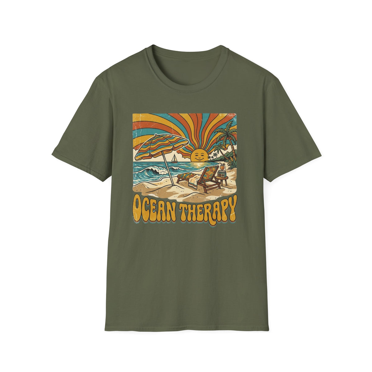 Beach T-Shirt — Retro 'Ocean Therapy' Sunset Surf Graphic