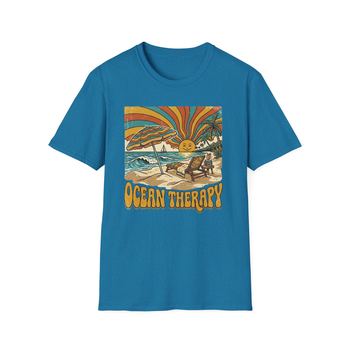 Beach T-Shirt — Retro 'Ocean Therapy' Sunset Surf Graphic
