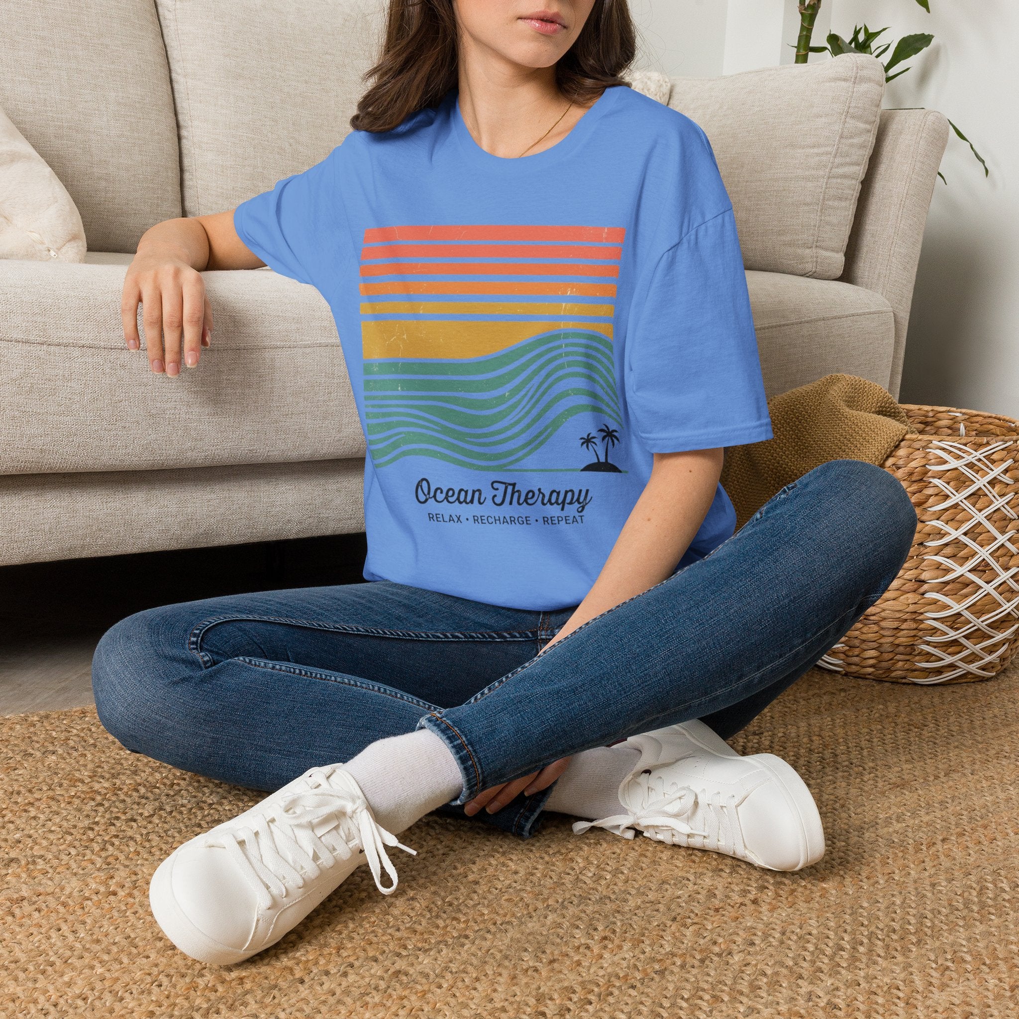 Ocean Therapy Graphic T-Shirt — Retro Sunset Waves Tee