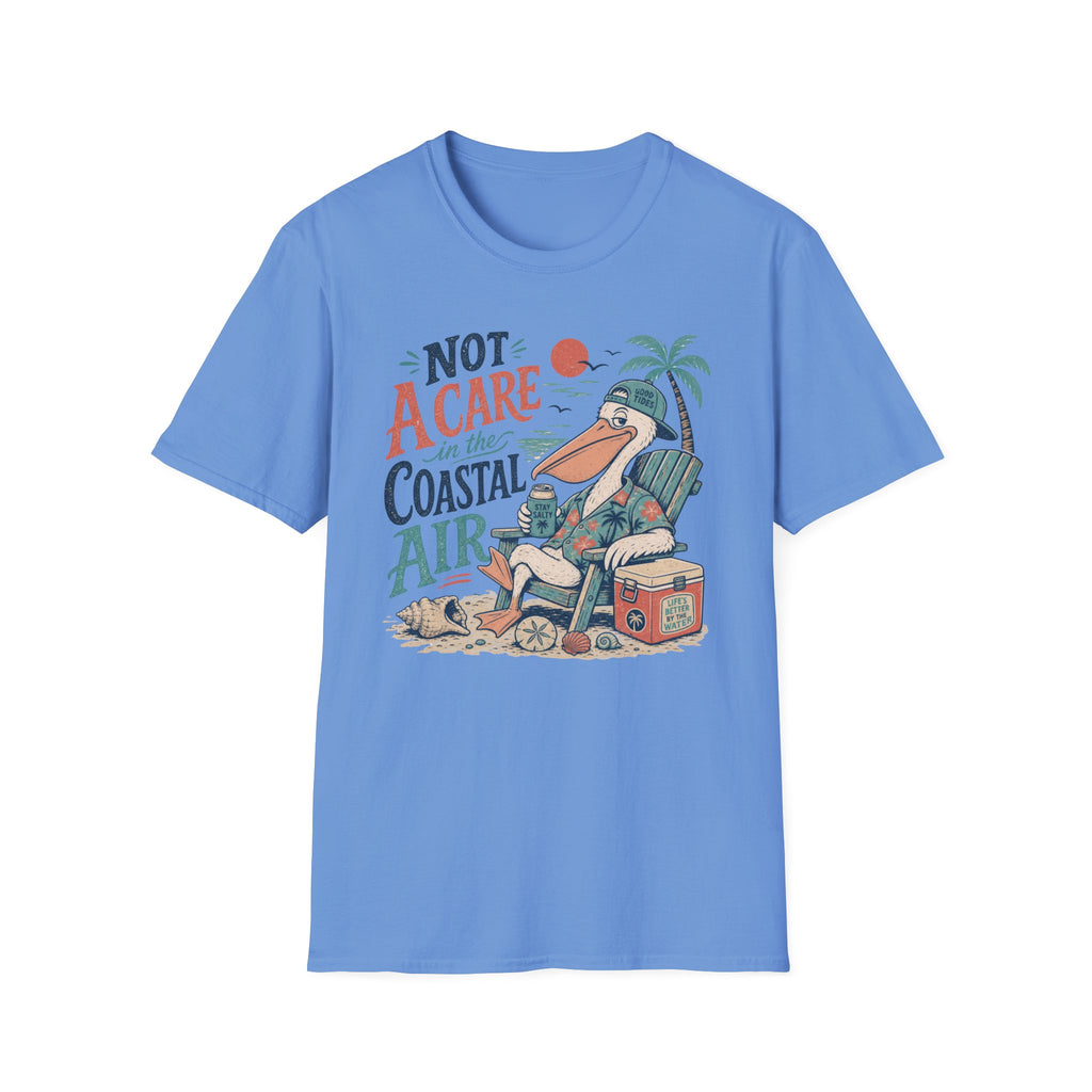Coastal Vibes T-Shirt — "Not a Care in the Coastal Air" Pelican Beach Tee