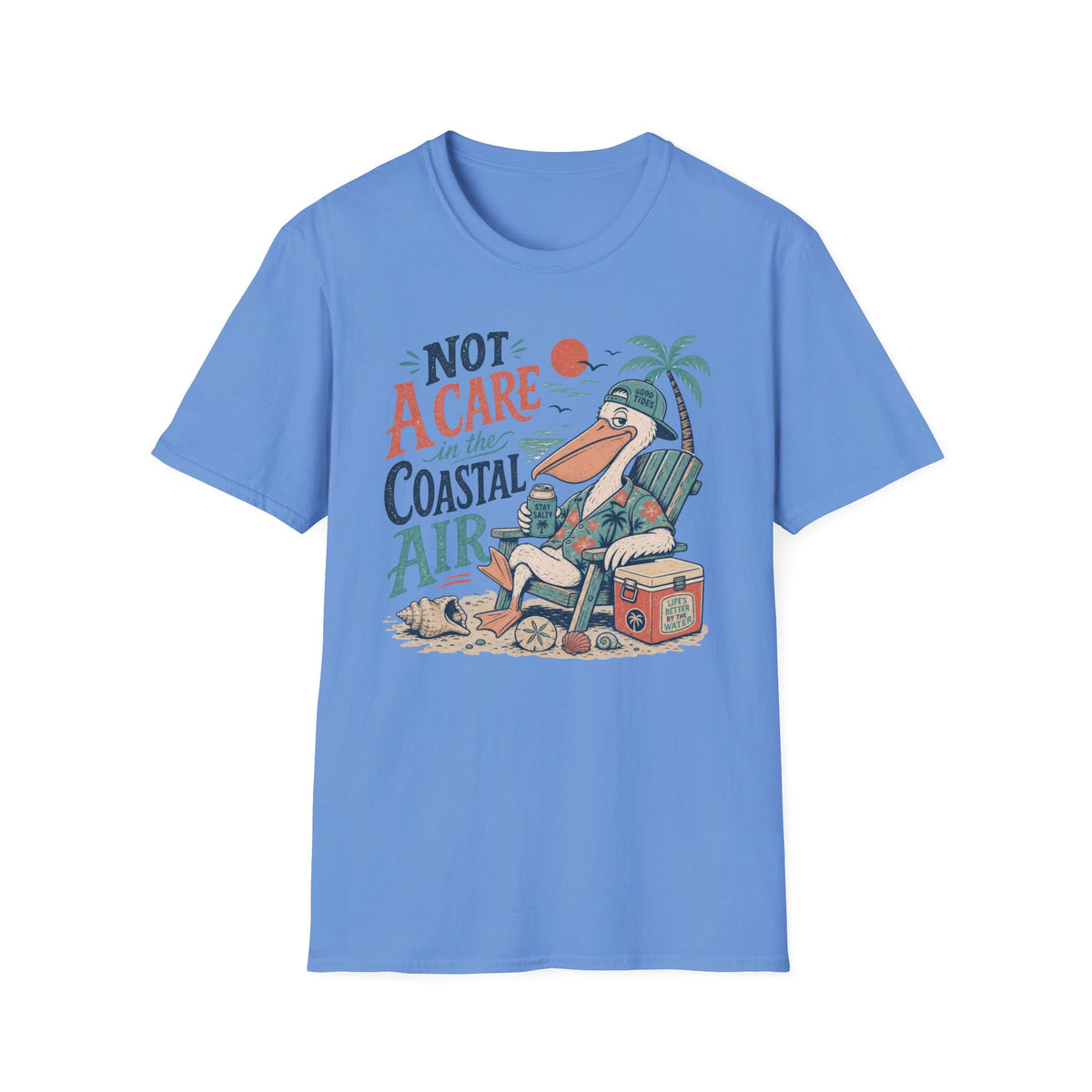 Coastal Vibes T-Shirt — "Not a Care in the Coastal Air" Pelican Beach Tee