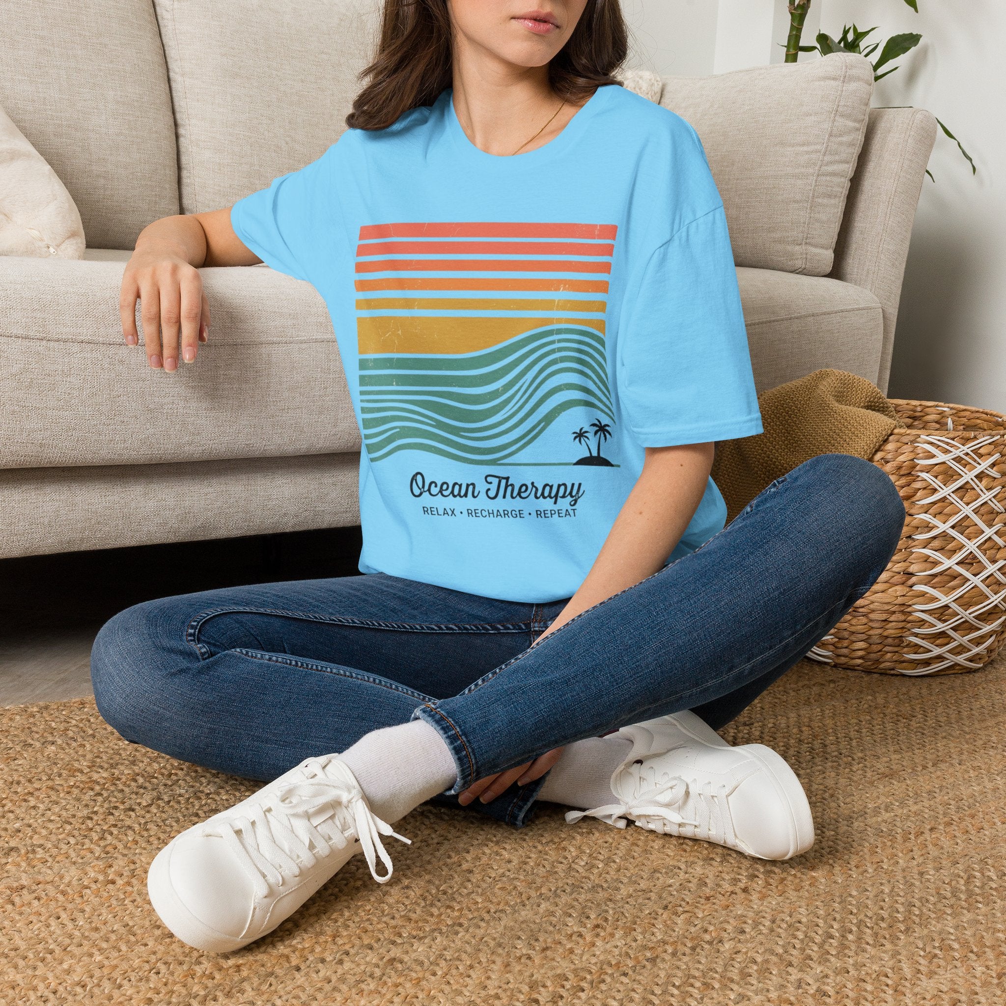 Ocean Therapy Graphic T-Shirt — Retro Sunset Waves Tee